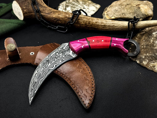 Custom 8” Damascus Karambit Knife Damascus Steel Karambit with Wood Handle 