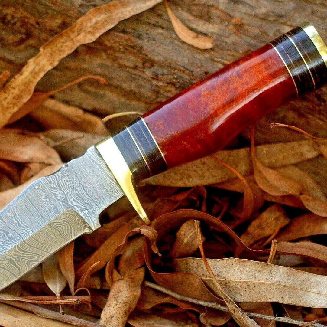 Custom 8" Damascus Steel Bowie Knife – Resin & Brass Guard Handle
