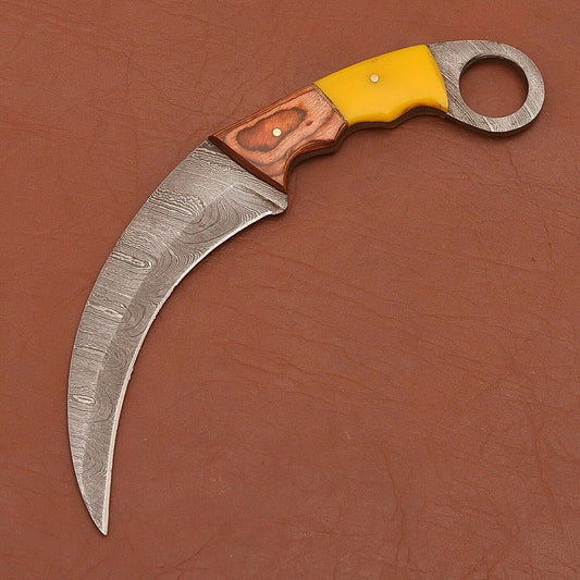 Custom 9"Damascus Karambit Damascus Steel Karambit Knife with Wood and Resin Handle