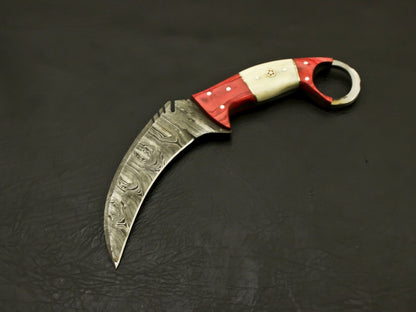Custom Best Karambit 8.5” Damascus Steel Karambit Knife with Camel Bone & Wood Handle 