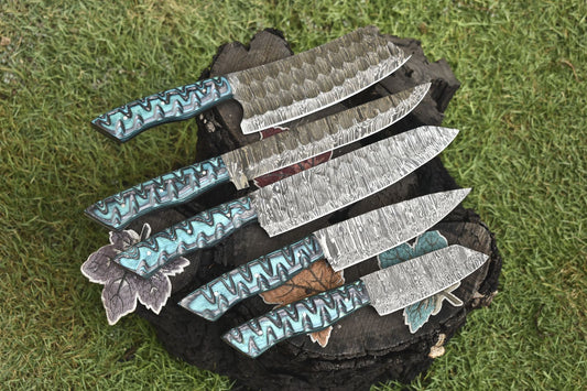 Custom Chef Knife Set Twist Damascus Steel with Hard Wood Handles – Lot of 5 Unique Decorative Knives