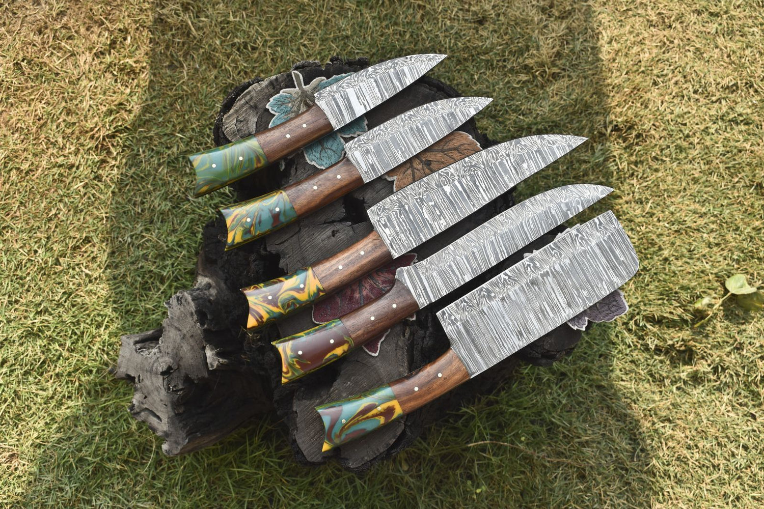 Custom Chef Knife Set Twist Damascus Steel with Mixed Material Handles – Lot of 5 Camping Knives