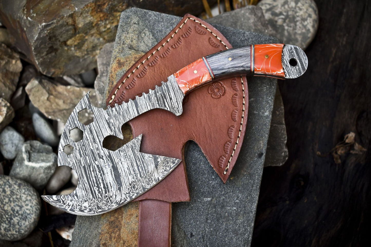 Custom Clever Chopper Axe Knife Twist Damascus with Hardwood Handle and Leather Sheath for Hiking