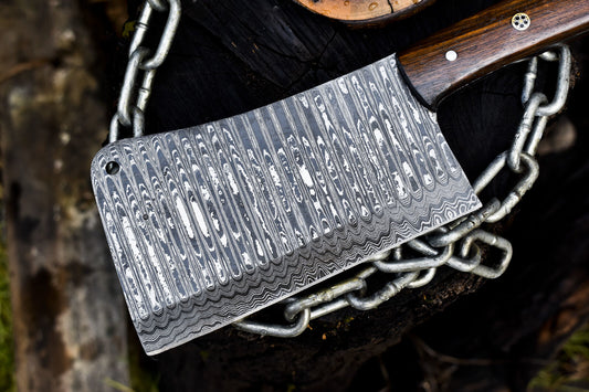 Custom Clever Chopper Chef Knife – Ladder Damascus Steel with Walnut Wood Handle