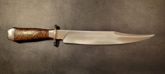 Custom D2 Steel Bowie Knife | 17" Brass Inlayed Burl Wood Handle with Leather Sheath