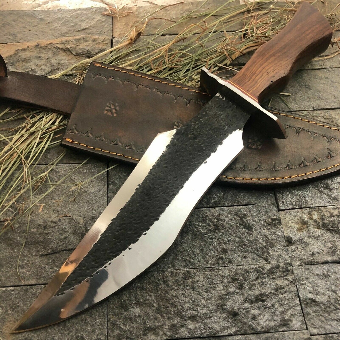 Custom D2 Steel Full Tang Bowie Knife with Wood Handle and Leather Sheath