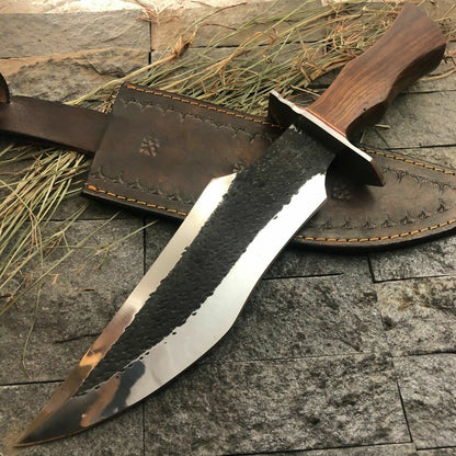 Custom D2 Steel Full Tang Bowie Knife with Wood Handle and Leather Sheath