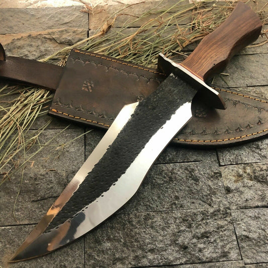 Custom D2 Steel Full Tang Bowie Knife with Wood Handle and Leather Sheath