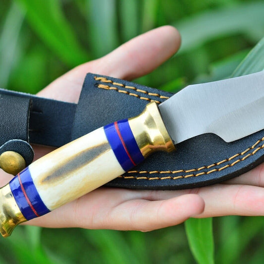 Custom D2 Steel Hunting Bowie Knife with Camel Bone Handle and Leather Sheath