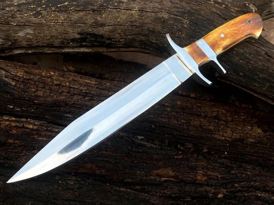 Custom D2 Steel Hunting Full Tang Survival Bowie Knife with Wood Handle and Leather Sheath 