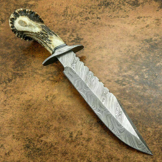 Custom Damascus Bowie Hunting Knife – 15" with Stag Crown Antler Handle & Damascus Guard