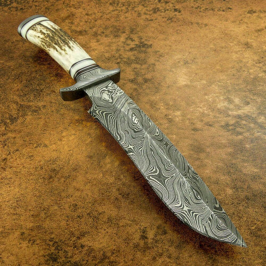 Custom Damascus Bowie Hunting Knife – Stag Antler Handle with Damascus Guard