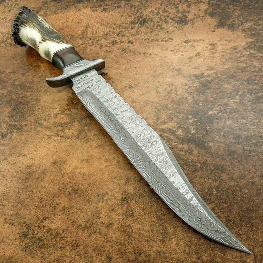 Custom Damascus Bowie Hunting Knife | Stag Crown Antler Handle, 12" Blade