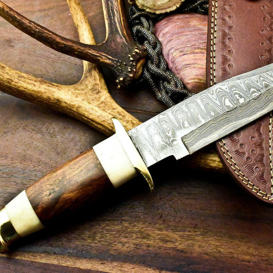 Custom Damascus Bowie Hunting Knife | Walnut Wood Handle, 8.5" Blade