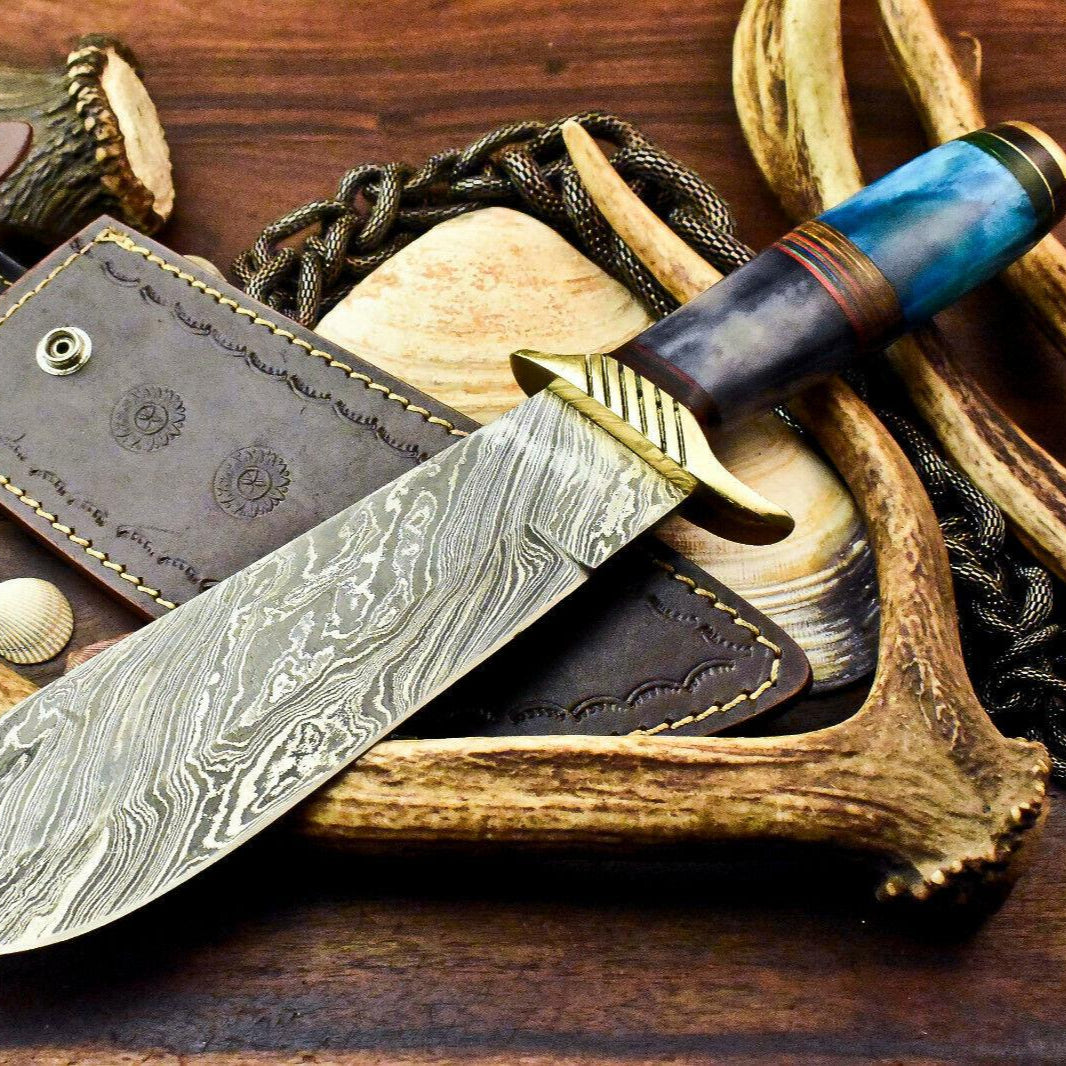 Custom Damascus Bowie Knife – 13.5" Camel Bone Handle with Leather Sheath