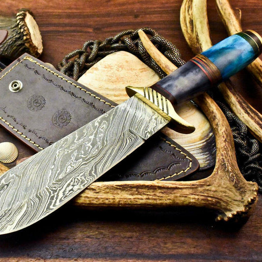 Custom Damascus Bowie Knife – 13.5" Camel Bone Handle with Leather Sheath