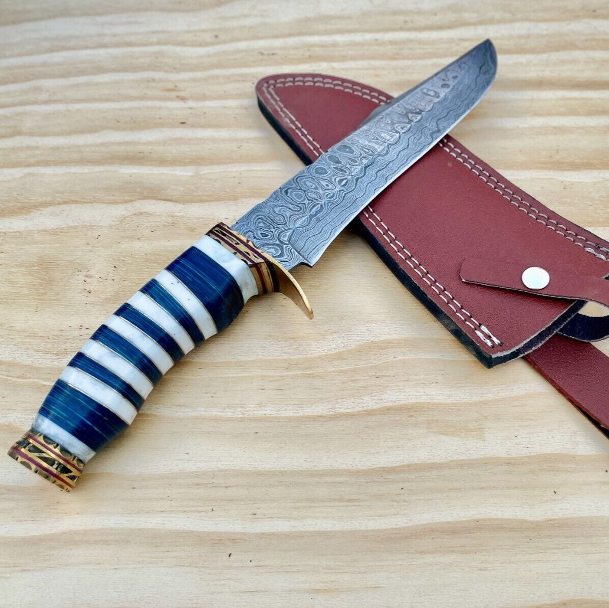 Custom Damascus Bowie Knife 13 Inch Hand Forged Hunting Knife with Wood Handle