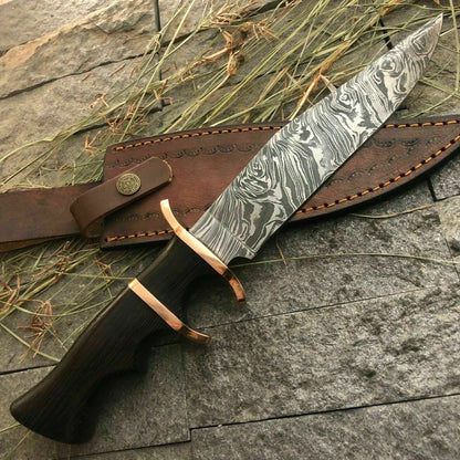 Custom Damascus Bowie Knife with Twisted Pattern and Wood Handle 13 Inch