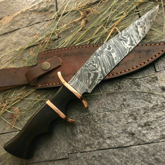 Custom Damascus Bowie Knife with Twisted Pattern and Wood Handle 13 Inch
