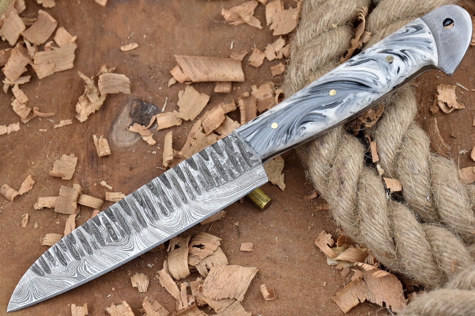 Custom Damascus Chef Knife 9" Damascus Steel Knife with White and  Gray Resin Handle
