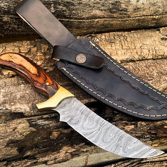 Custom Damascus EDC Bowie Hunting Knife – 9" Rosewood Handle & Leather Sheath