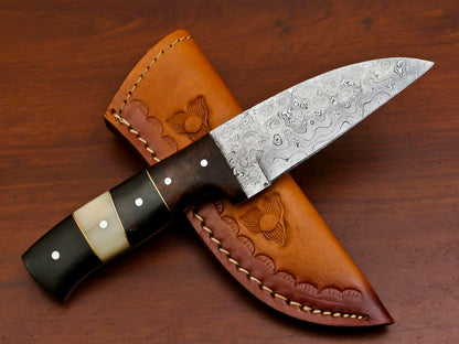 Custom Damascus Hunting Knife with Camel Bone Rose Wood and Bull Horn Handle