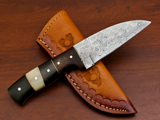 Custom Damascus Hunting Knife with Camel Bone Rose Wood and Bull Horn Handle