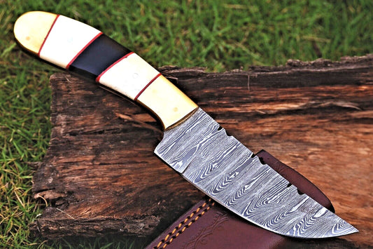 Custom Damascus Hunting Survival Knife Twist Pattern with Camel Bone Handle and Brass Bolster