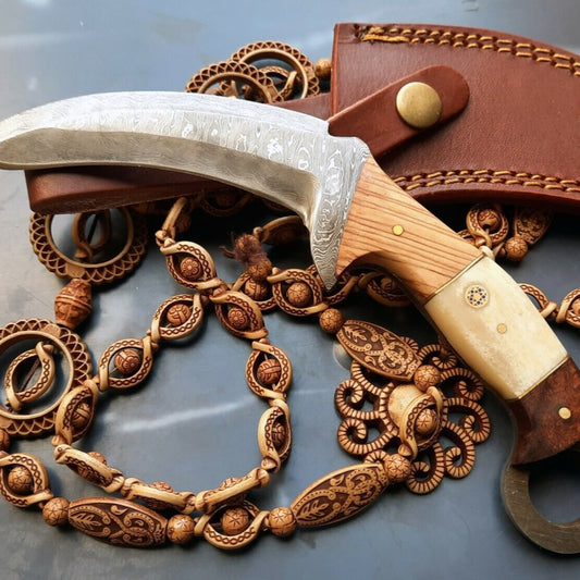 Custom Damascus Karambit Knife – 8" Handmade Hunting Blade with Wood Handle & Leather Sheath