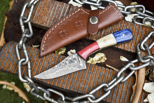 Custom Damascus Skinner Hunting Knife Ladder Pattern with Bone and Wood Handle