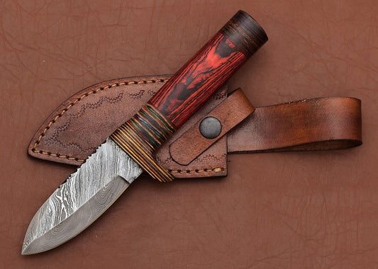 Custom Damascus Skinner Hunting Knife with Pakka Wood Handle | Handmade Fixed Blade