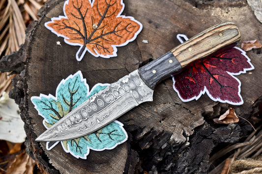 Custom Damascus Skinner Hunting Knife with Rain Drop Pattern and Hardwood Handle