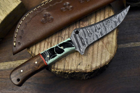 Custom Damascus Skinner Knife Twist Pattern Mixed Material Handle – Handmade Camping & Bushcraft Hunting Knife

