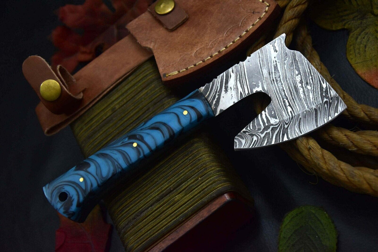 
Custom Damascus Steel Axe Hunting Knife | Handmade Resin Handle Blade with Sheath