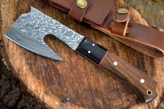 Custom Damascus Steel Axe Hunting Knife Handmade Walnut & Horn Handle with Leather Sheath