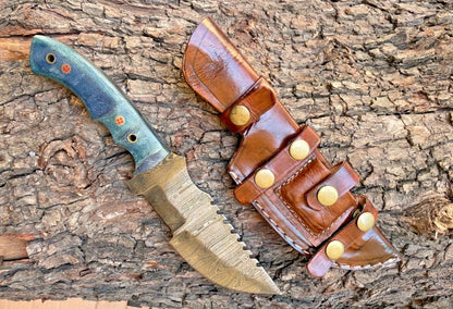 Custom Damascus Steel Boot Knife – 10" Camping Hunting EDC Tracker with Micarta Handle & Leather Sheath