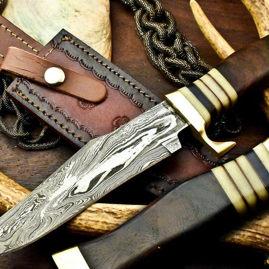 Custom Damascus Steel Bowie – 13" Handmade Hunting Knife with Walnut Wood Handle & Leather Sheath