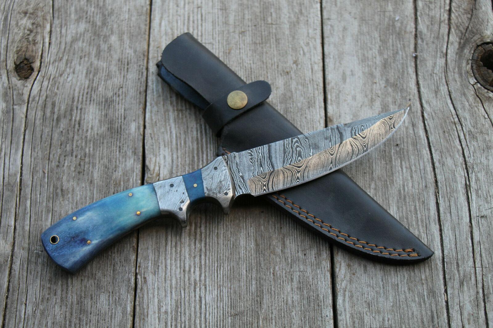 Custom Damascus Steel Bowie Knife – 11" Hunting Blade with Blue Bone Handle