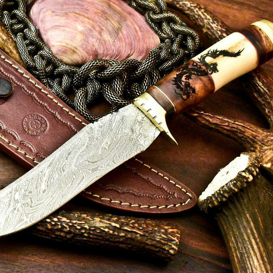 Custom Damascus Steel Bowie Knife | 12" Laser Etched Camel Bone Handle