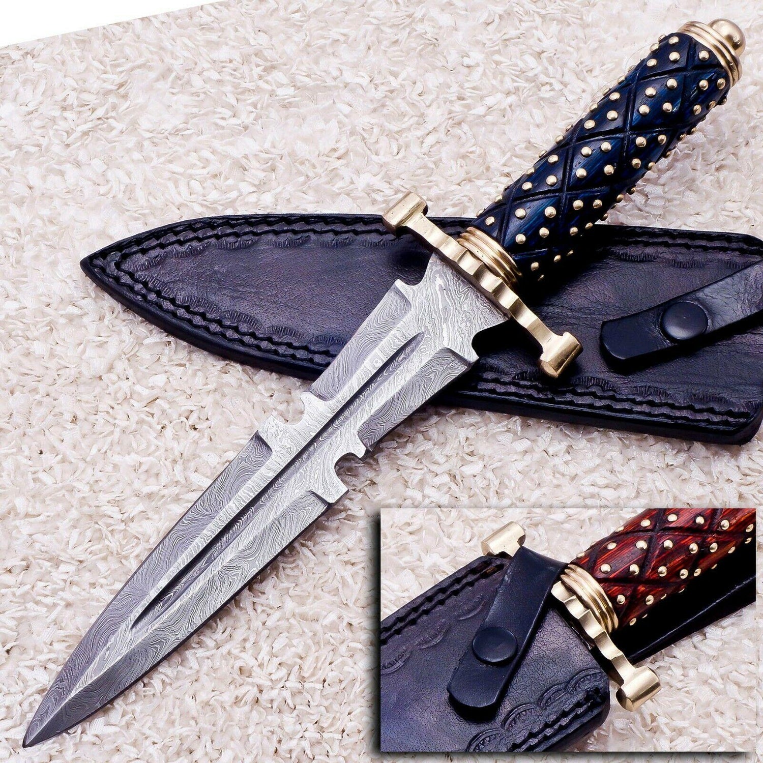 Custom Damascus Steel Bowie Knife | 13" Olive Wood & Brass Handle with Leather Sheath