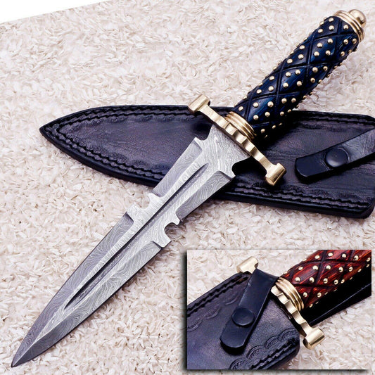 Custom Damascus Steel Bowie Knife | 13" Olive Wood & Brass Handle with Leather Sheath