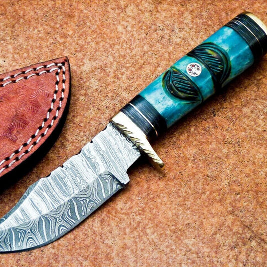 Custom Damascus Steel Bowie Knife – 8 Inch Fixed Blade Hunting & Camping Knife with Engraved Camel Bone Handle
