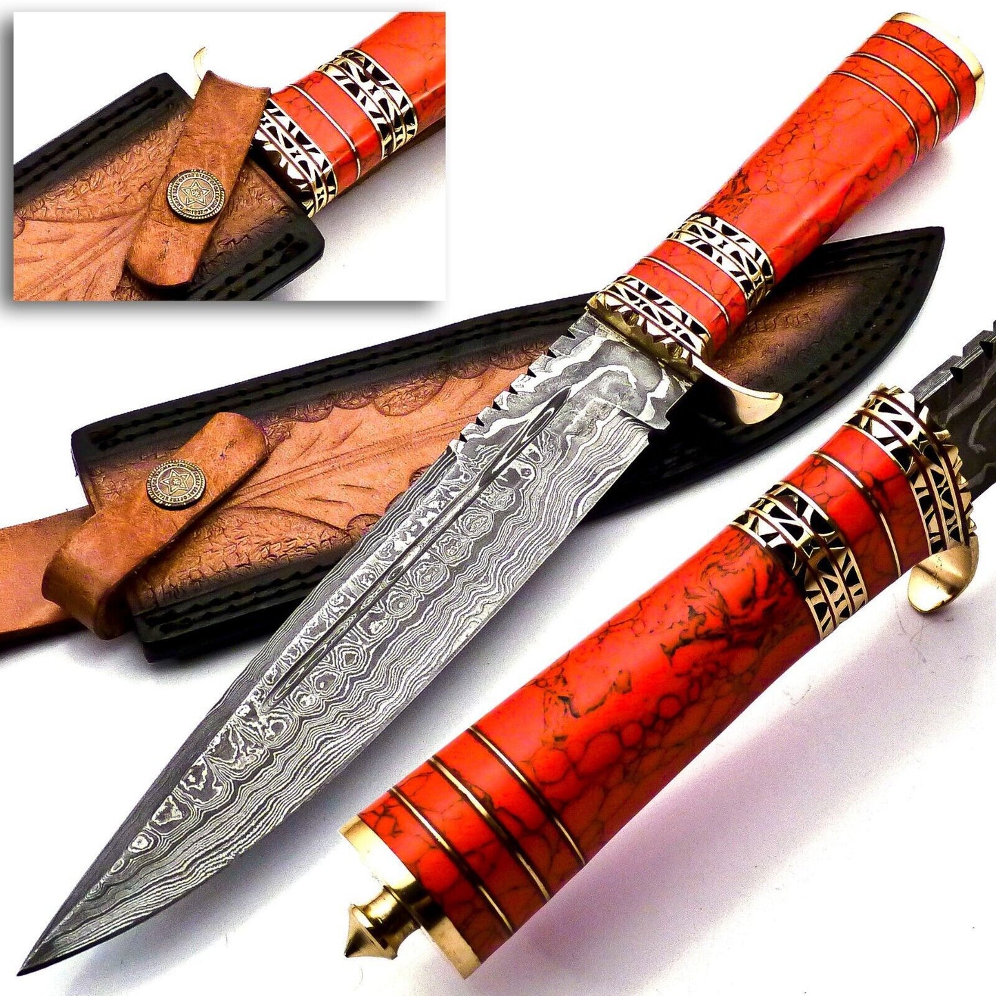 Custom Damascus Steel Bowie Knife – Red Jasper Stone & Brass Handle – 13" Hunting Knife