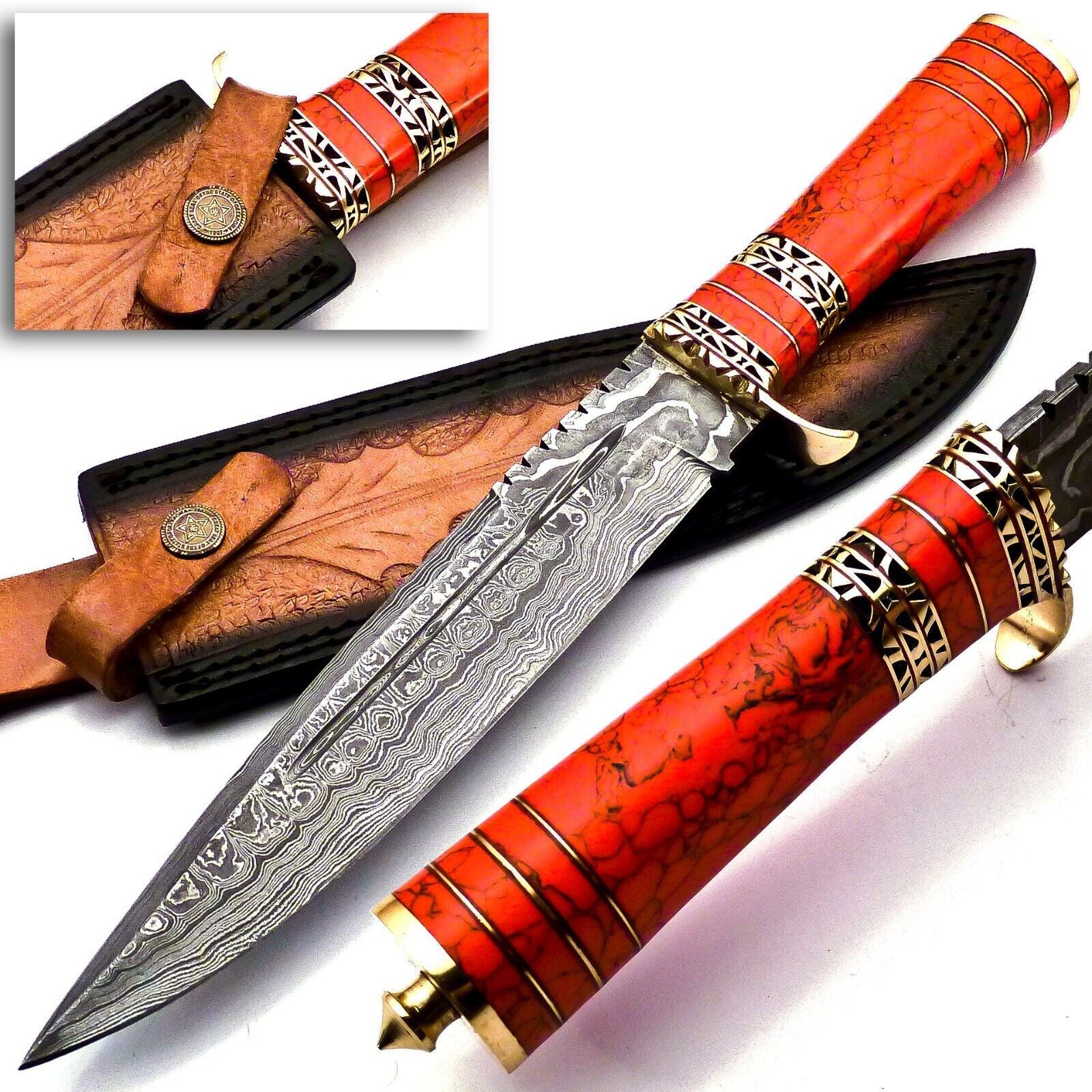 Custom Damascus Steel Bowie Knife – Red Jasper Stone & Brass Handle – 13" Hunting Knife