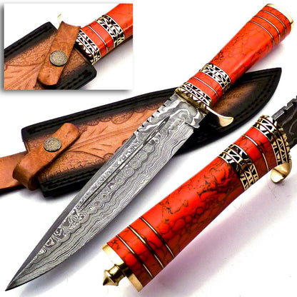 Custom Damascus Steel Bowie Knife – Red Jasper Stone & Brass Handle – 13" Hunting Knife