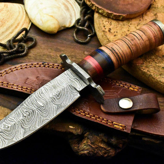 Custom Damascus Steel Bowie Knife – Stacked Leather Handle, 10.5" Hunting Blade