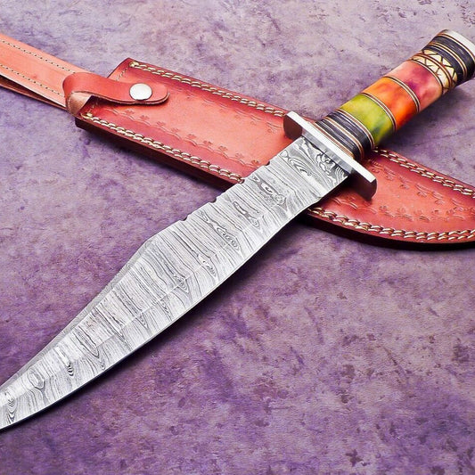 Custom Damascus Steel Camping Bowie Knife with Stained Camel Bone Handle