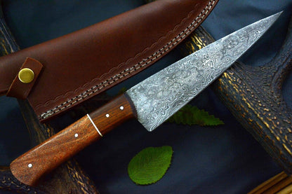 Custom Damascus Steel Chef Knife – Handmade with 7.3" Ladder Pattern Blade, Walnut & Olive Handle, Leather Sheath