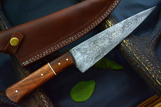 Custom Damascus Steel Chef Knife – Handmade with 7.3" Ladder Pattern Blade, Walnut & Olive Handle, Leather Sheath
