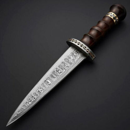 Custom Damascus Steel Dagger Bowie – 15" Handmade Hunting Knife with Leather Sheath